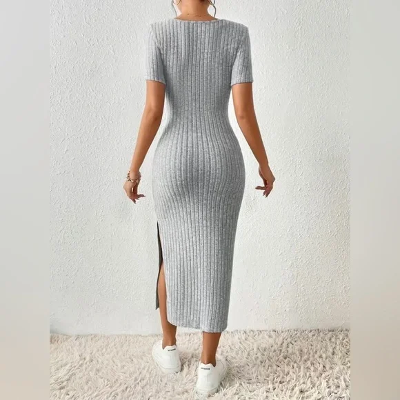 Soft Gray Ribbed Square Neck Side Slit Midi Dress - Picture 5 of 5